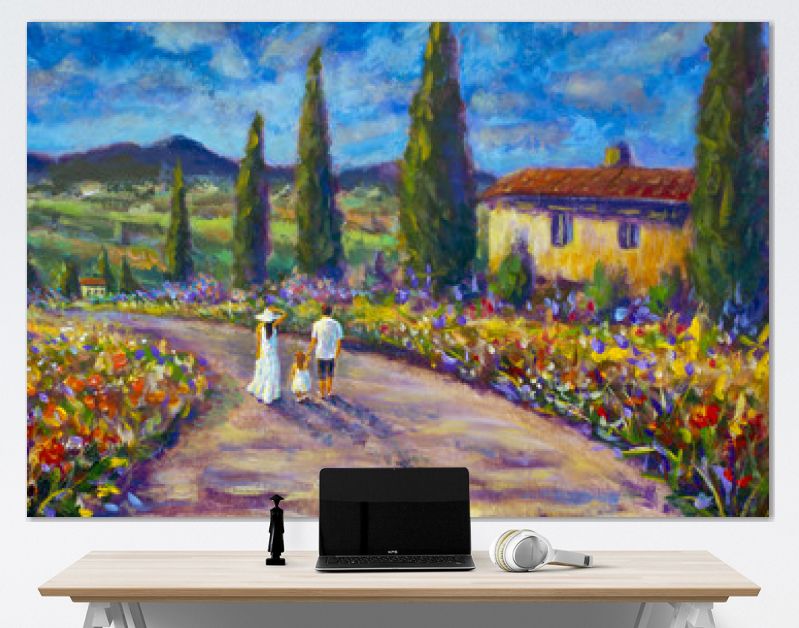 Impressionisme kunst schilderij gelukkige familie in witte kleren wandelen langs de weg. Vader, moeder en dochter zijn op weg van het Italiaanse Toscaanse natuurlandschap van de zomer. Cipressen, rode bloemen,