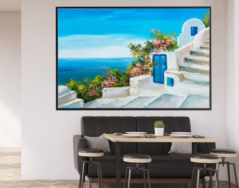 olieverfschilderij - huis in de buurt van de zee, kleurrijke bloemen, zomerzeegezicht