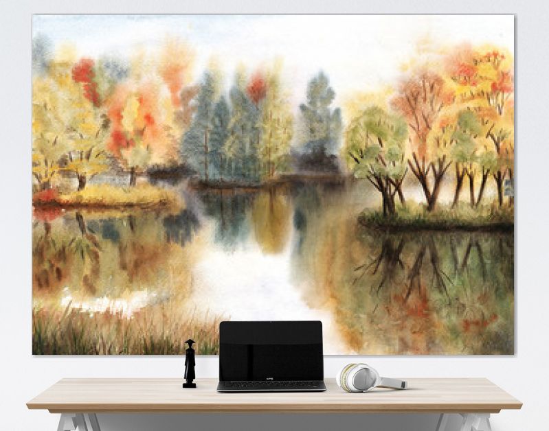 Aquarel herfstlandschap met bomen op eilanden en hun reflecties in een meer