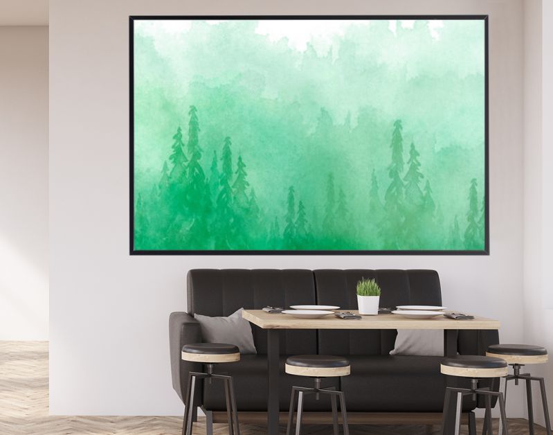 Aquarel groep bomen - spar, dennen, ceder, spar. groen bos, landschap, boslandschap. Tekening op witte geïsoleerde achtergrond. Mistig bos in nevel. Ecologische affiche. Aquarel schilderij