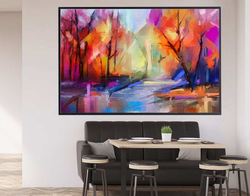 Olieverf schilderij kleurrijke herfst bomen. Semi abstract beeld van bos, landschappen met geel - rood blad en meer. Herfst, herfst seizoen natuur achtergrond. Met de hand geschilderd impressionistisch, buitenlandschap