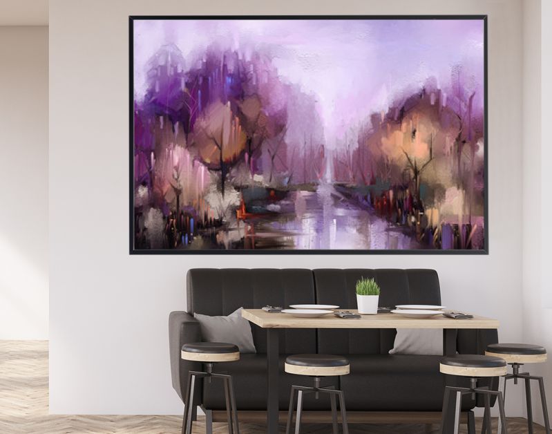 Olieverf schilderij kleurrijke herfst bomen. Vintage verfkleurenafbeelding van landschap, bos met geel, rood blad en meer. Herfst, herfst seizoen natuur achtergrond. Met de hand geschilderd impressionistisch, buitenlandschap