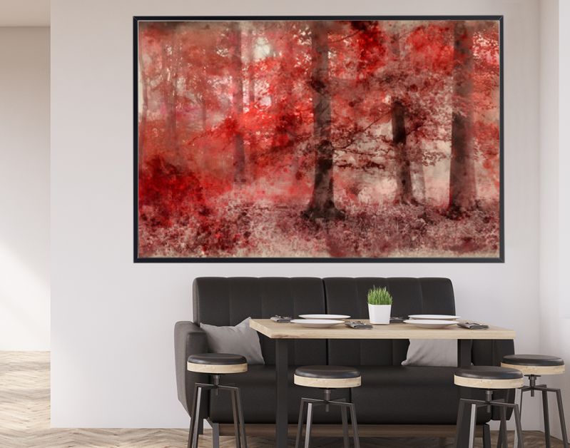 Aquarel schilderij van mooie surrealistische alternatieve kleur fantasie herfst herfst boslandschap conceptuele afbeelding