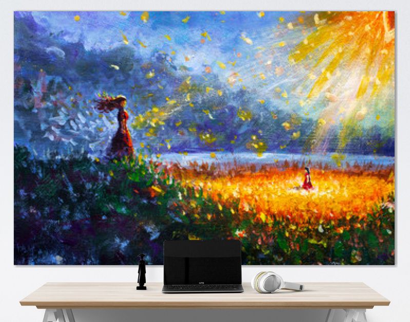 Schilderij olie - Gloeiende bloem, klein meisje en vrouw moeder - Sprookjesachtige illustratie - moderne kunst impressionisme abstract landschap acrylverf kunstwerk