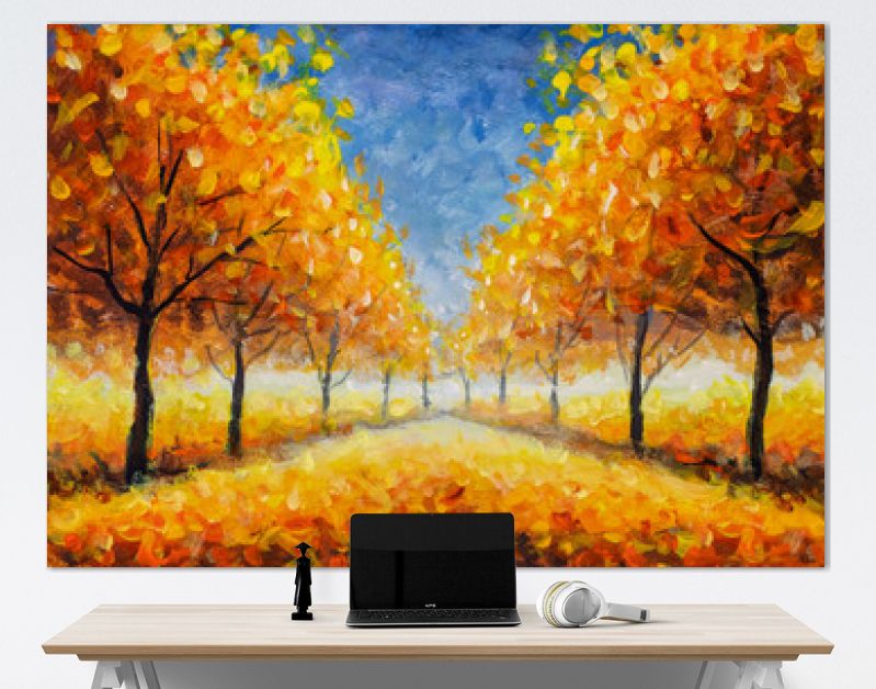 Herfst impressionisme olieverf landschap verf kunst. Goudoranje herfstboom park steegje bos hout met blauwe lucht