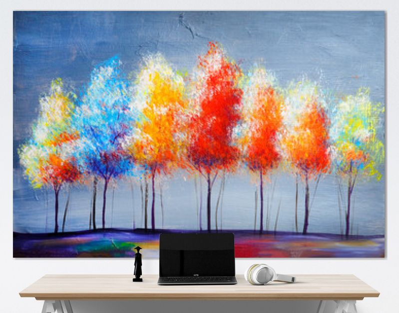 Landschap met olieverfschilderij, abstracte kleurrijke gouden bomen