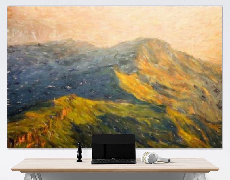Digitale bergen bekijken olieverfschilderij met echt penseelstreken effect. Hedendaagse impressionistische kunst aan de muur in gemengde stijl. Kracht van de natuurscène. Vakantie ansichtkaarten en prints ontwerp. Schoonheid kunstwerk.