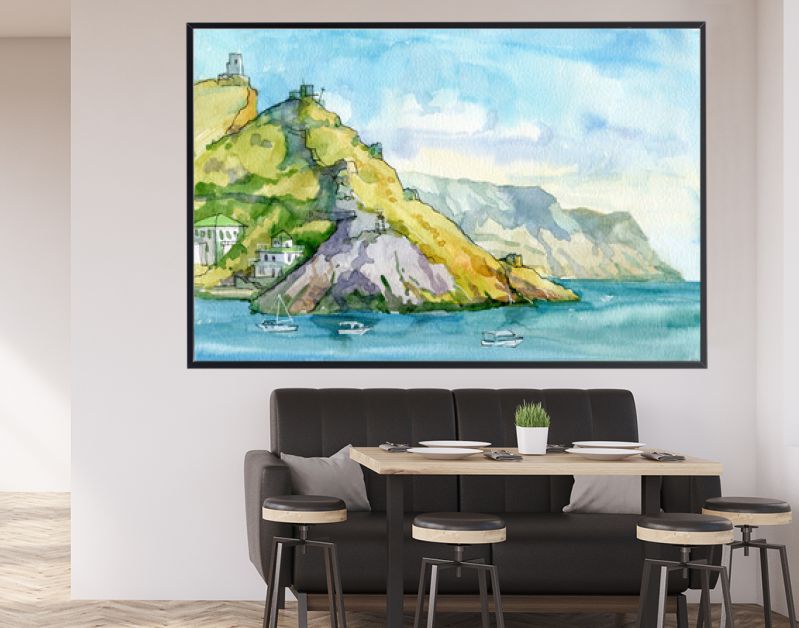 Landschap. Zeegezicht. Waterverf. Zee, rotsen, bergen, haven, schepen. Bivakmuts, Sebastopol, Krim. reizen. Toerisme.