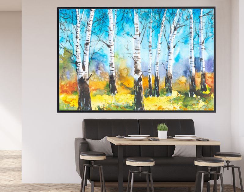 Russisch boslandschap met prachtige berken op een open plek. Aquarel illustratie