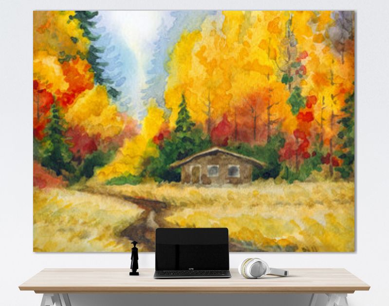 Aquarel landschap. Weg naar het herfstbos