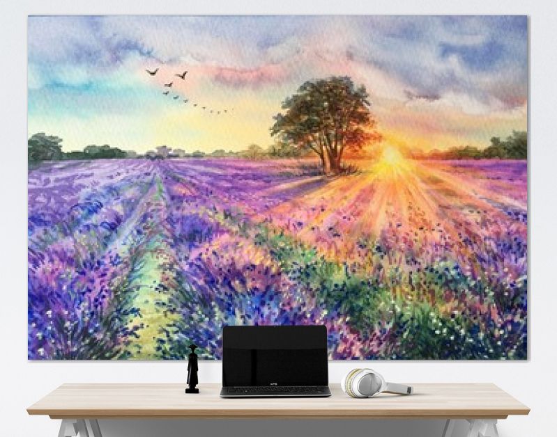 Aquarel lavendelveld. Zonsondergang lavendelveld. Violette achtergrond. Frankrijk Provence. Lente zomer briefkaart banner. Geurige bloemen. Aroma