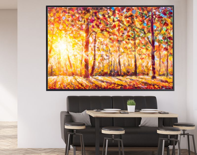 Herfstpanorama. Origineel olieverfschilderij op canvaskunst. Zonnige herfst bos bomen. Modern impressionisme. Herfst goud geel oranje rood bomen park in zonlicht landschap kunstwerk acryl schilderen