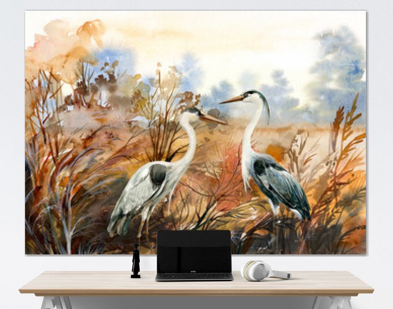 herfstlandschap met kraanvogel, aquarel illustratie