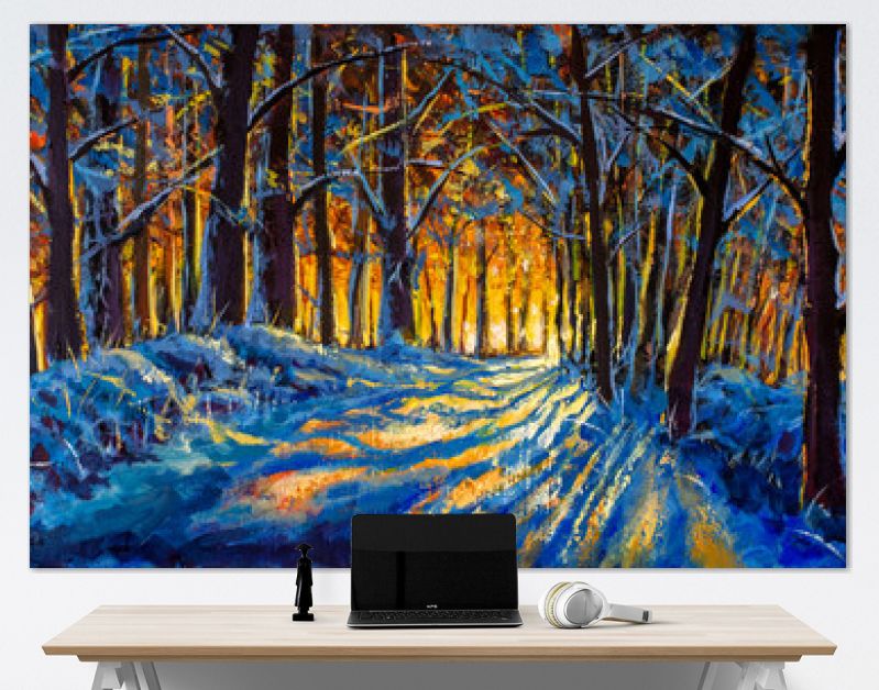 Olieverfschilderij met acryl aquarel. Winterbos. Zonnige winter bos hout landschap illustratie kunstwerk natuur.