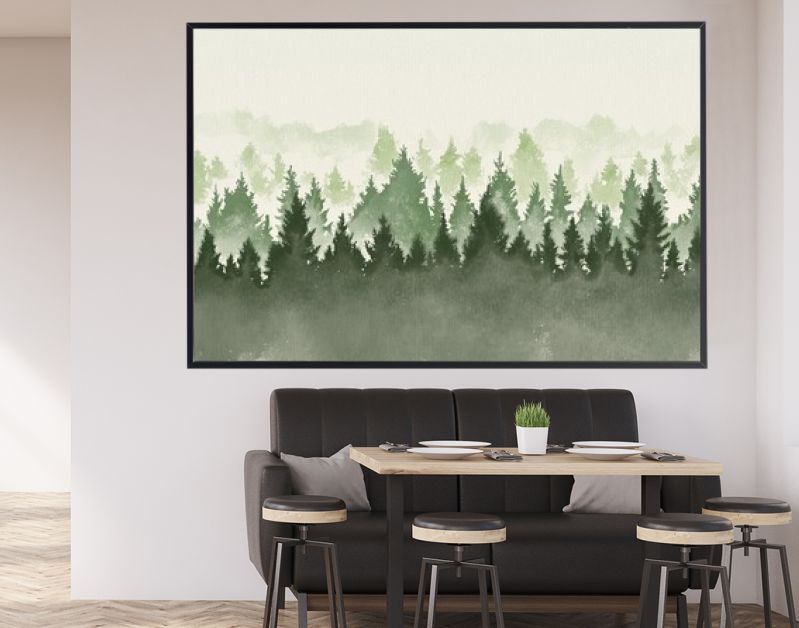 Hand getekend aquarel schilderij van kerstboom boslandschap. Brede kopie ruimte achtergrond