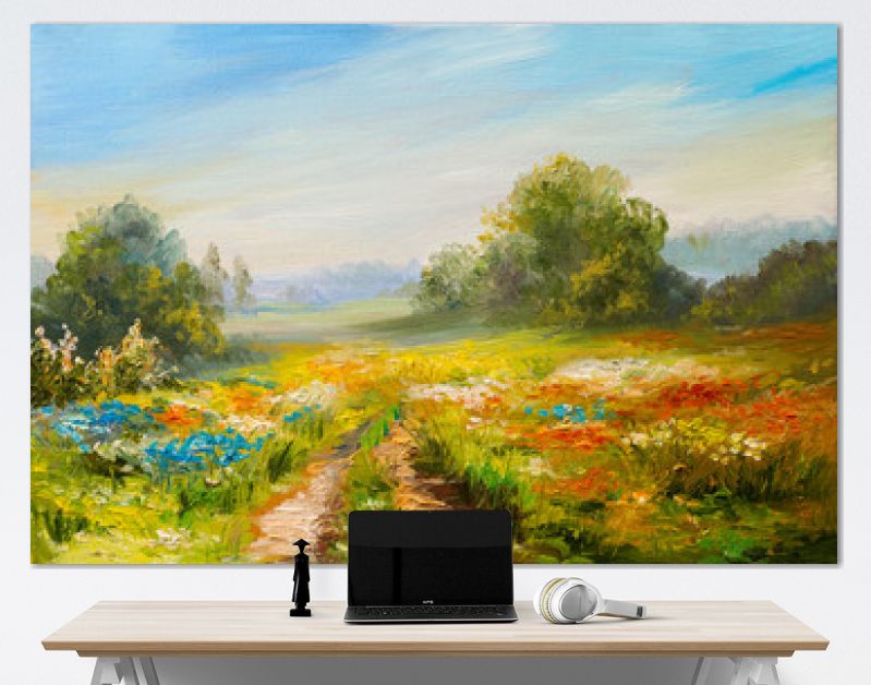 landschap met olieverf, kleurrijk bloemenveld, abstract impressionisme