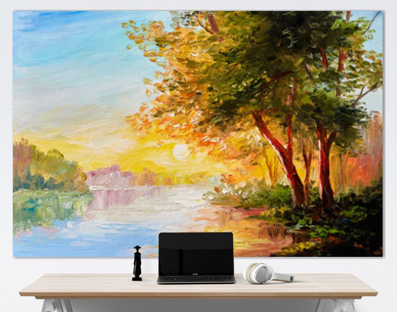 Landschap met olieverfschilderij, rivier in het lentebos met zonsondergang, middag