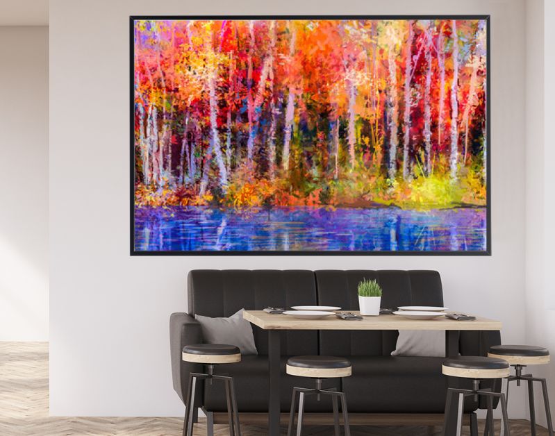 Olieverf schilderij kleurrijke herfst bomen. Semi abstract beeld van bos, espbomen met geel - rood blad en meer. Herfst, herfst seizoen natuur achtergrond. Met de hand geschilderd impressionistisch, buitenlandschap