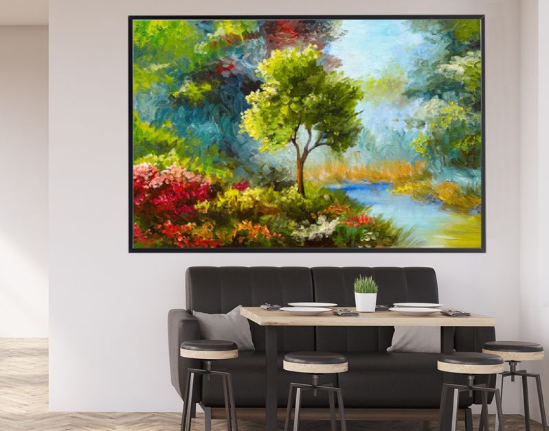 olieverfschilderij, bloemen en bomen bij de rivier, zonsondergang