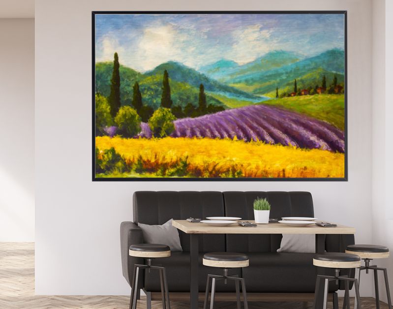 Olieverfschilderij Italiaans zomerlandschap. Lavendel paars veld. Frans Toscane. Veld van gele rogge. Landelijke huizen