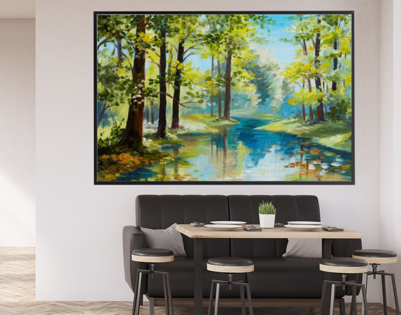 Landschap met olieverfschilderij - rivier in het bos, zomerdag