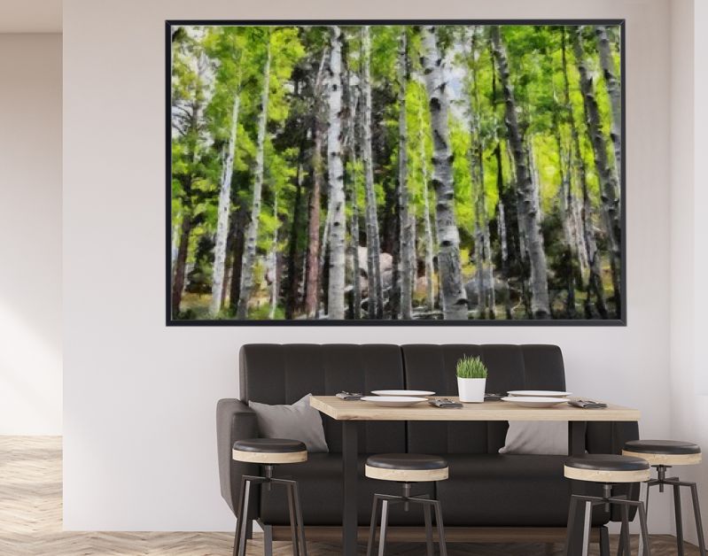 Hand tekenen van aquarel kunst op canvas. Artistieke grote print. Origineel modern schilderij. Acryl droge borstel achtergrond. Mooie zomerse landschap. Reis uitzicht. Groene bosboom. Wild natuur