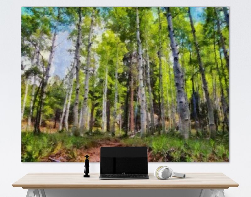 Hand tekenen van aquarel kunst op canvas. Artistieke grote print. Origineel modern schilderij. Acryl droge borstel achtergrond. Mooie zomerse landschap. Reis uitzicht. Groene bosboom. Wild natuur