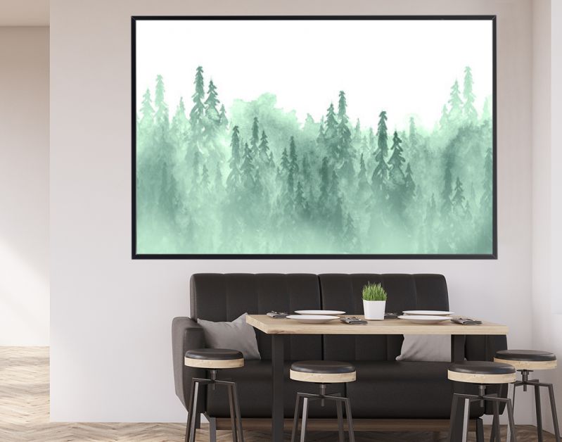 Aquarel groep bomen - spar, dennen, ceder, spar. groen bos, landschap, boslandschap. Tekening op witte geïsoleerde achtergrond. Mistig bos in nevel. Ecologische affiche. Aquarel schilderij