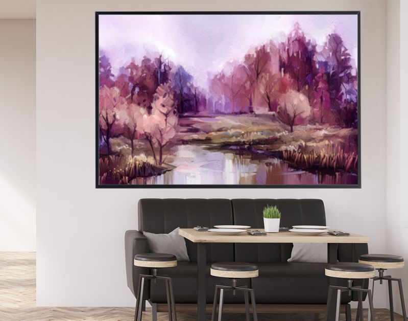 Olieverf schilderij kleurrijke herfst bomen. Vintage verfkleurenafbeelding van landschap, bos met geel, rood blad en meer. Herfst, herfst seizoen natuur achtergrond. Met de hand geschilderd impressionistisch, buitenlandschap