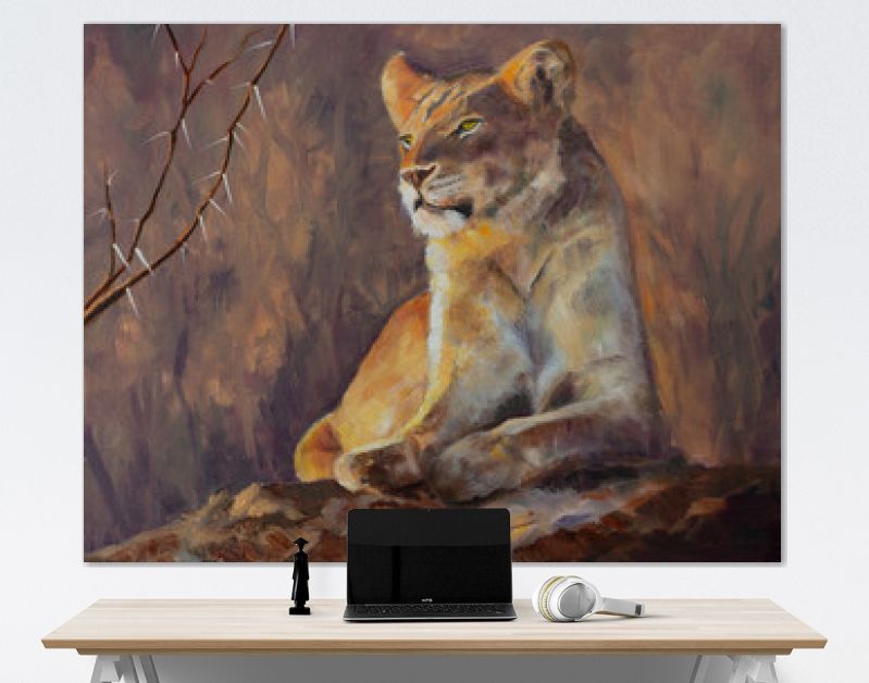 Origineel olieverfschilderij, Leeuwin die haar domein onderzoekt.