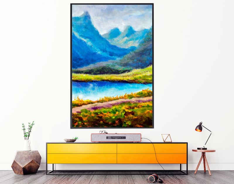 Berglandschap Origineel modern olieverfschilderij - prachtig meer in de bergen - hedendaagse beeldende kunst illustratie