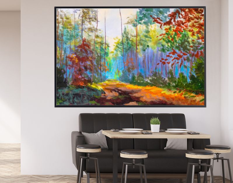 Impressionisme modern olieverfschilderij herfst bos park steegje zonlicht landschap kunstwerk. Zonnige kunst