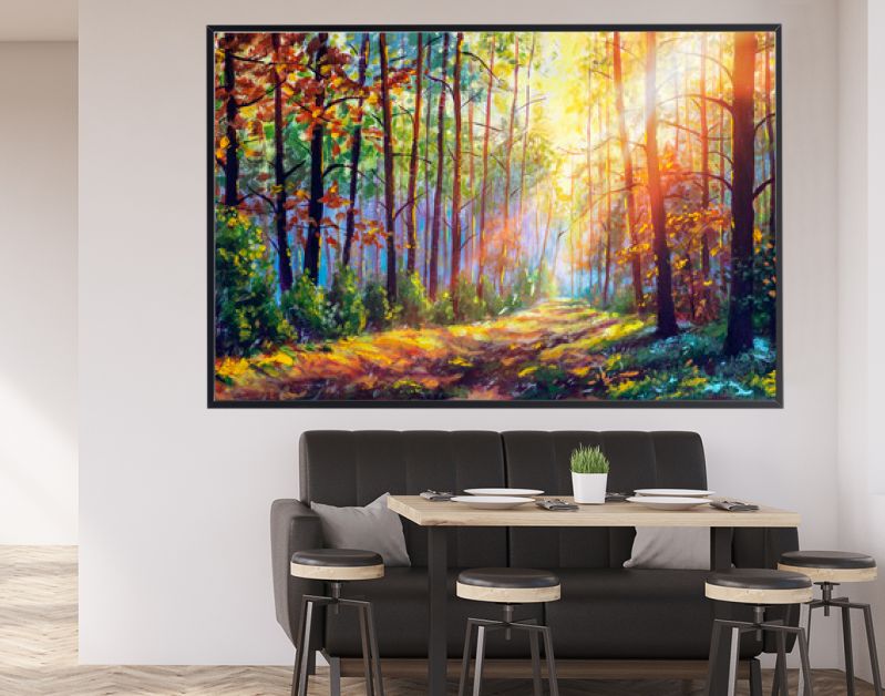 Origineel olieverfschilderij prachtig bos in de herfst, schilderachtig landschap met aangename warme zonneschijn beeldende kunst