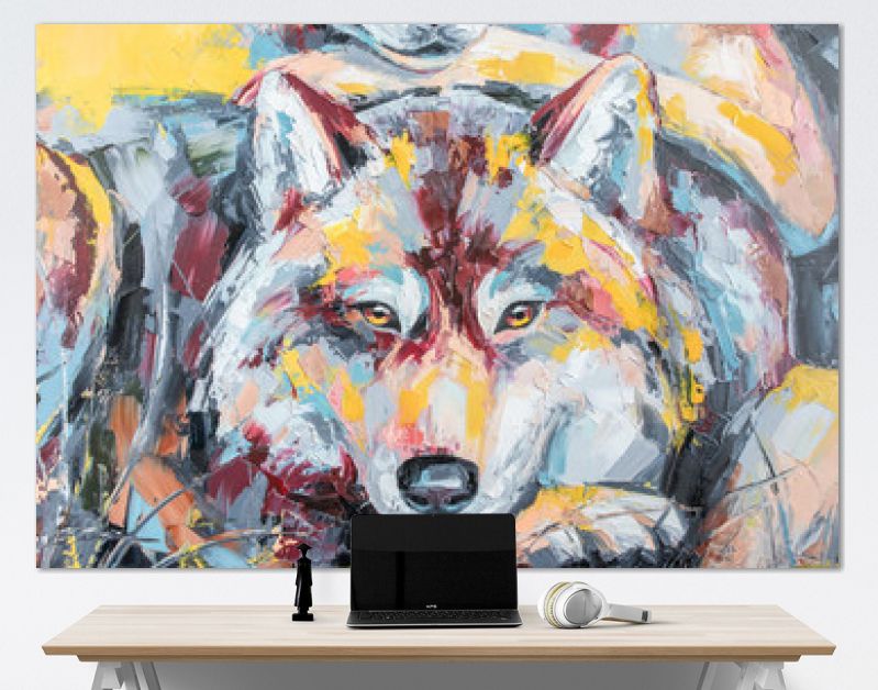 Oliewolf portret schilderij in veelkleurige tinten. Conceptueel abstract schilderij van een paar wolven. Close-up van een schilderij door olie en Paletmes op canvas.