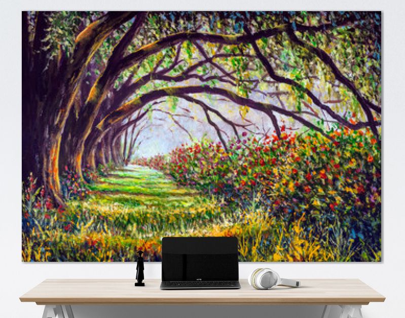 Open plek in een fantastisch zonnig bos met grote reuzenbomen en prachtige struiken met weelderige bloemen - acryl, olieverf om sprookjes voor kinderen te illustreren