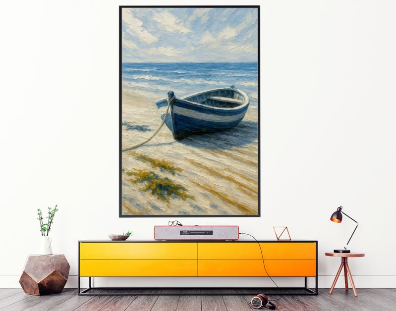 Blauwe roeiboot op rustig strand bij zee