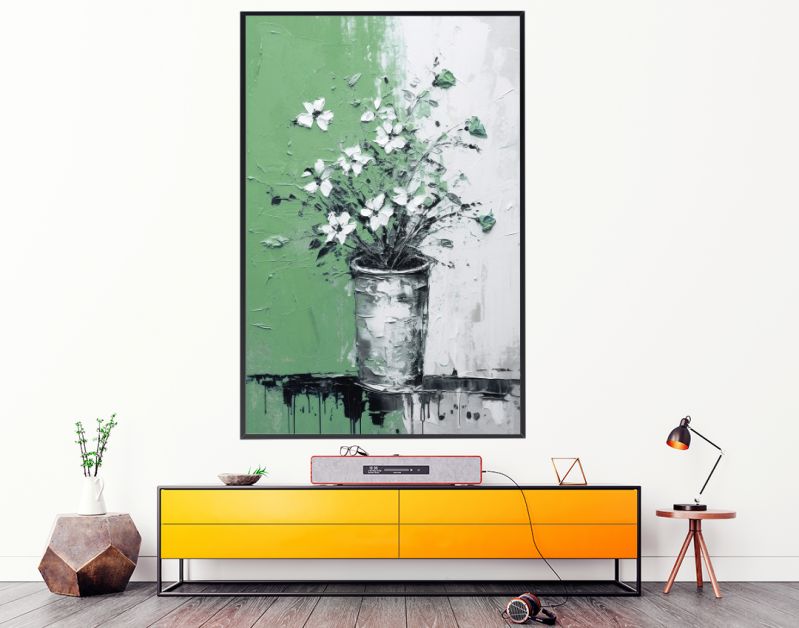 Bloemenpracht in Groene Vaas Iconische Impasto in Zwart-Wit