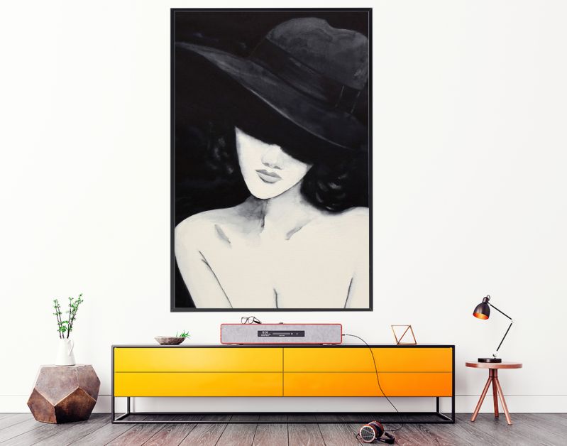 Sensueel vrouwelijk aquarel portret met grote hoed