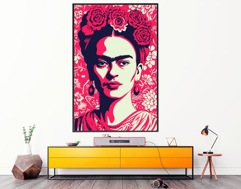 Het Iconische Gezicht, Frida's Kracht in diep rood en zwart
