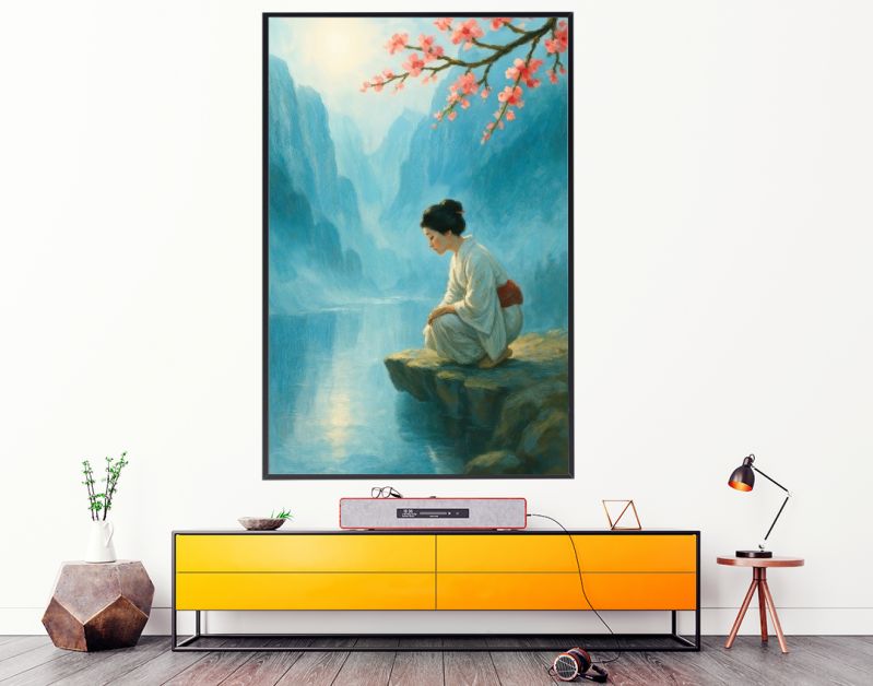 Japanse vrouw bij rivier met kersenbloesem