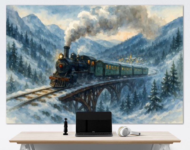 Winterse stoomtrein over brug in berglandschap