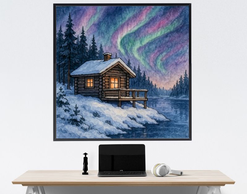 Houten blokhut aan het water met noorderlicht in Noorwegen