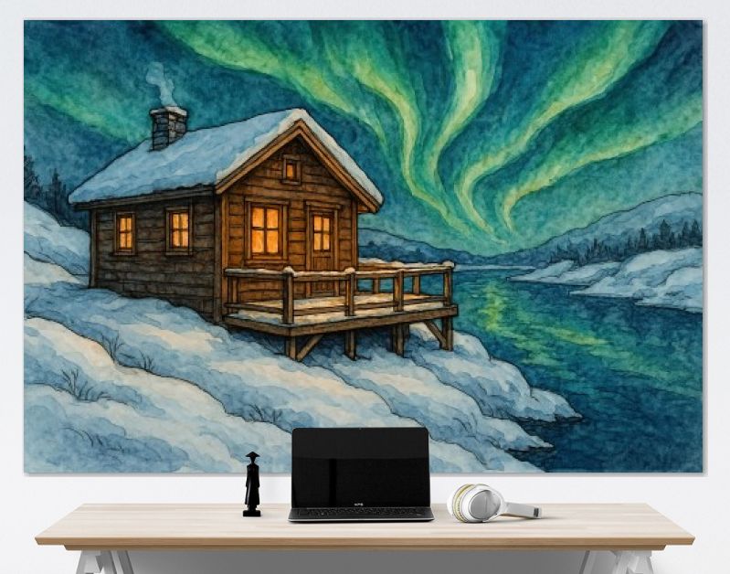 Houten huisje aan het water in Scandinavië bij noorderlicht