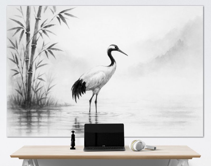 Kraanvogel aan de rivier in Japanse inkstijl