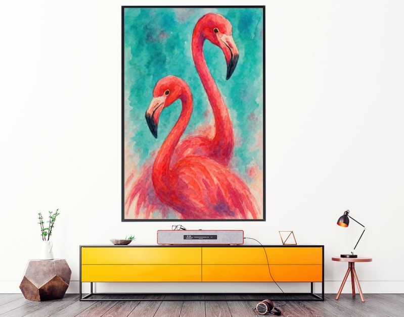 Twee roze flamingo’s tegen tropische turquoise achtergrond
