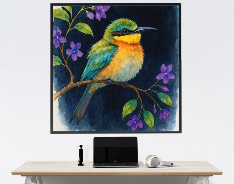 Tropische bijeneter vogel op tak met paarse bloemen