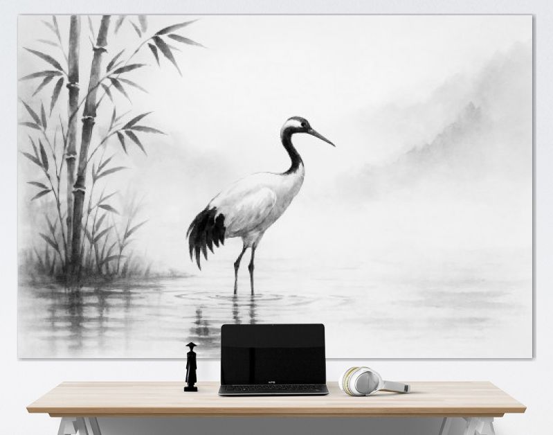 Kraanvogel aan de rivier in Japanse inkstijl