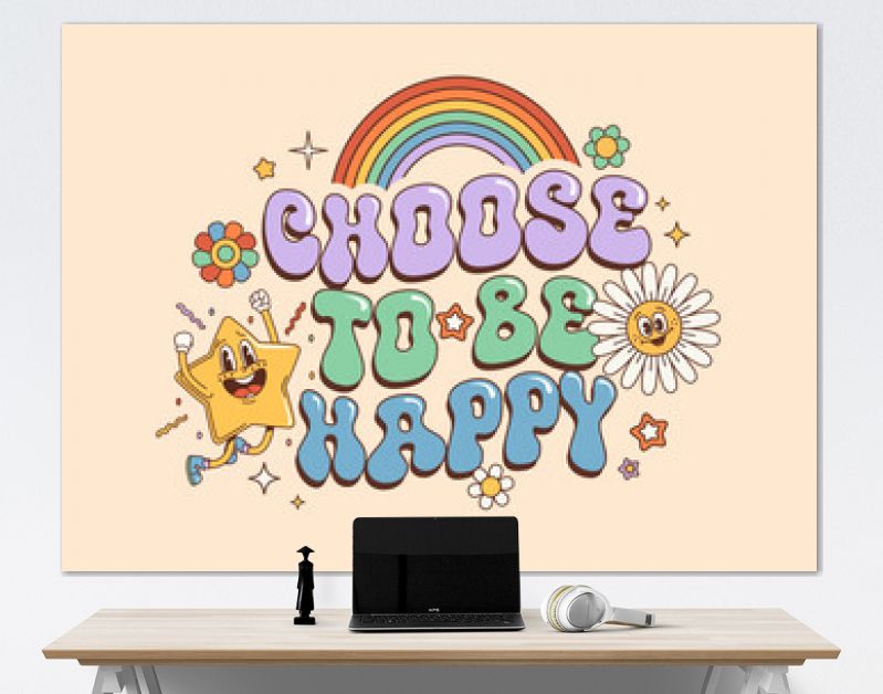 Groovy hippie quote Choose to Be Happy with retro 70s funky characters, vector banner. Hippie quote text with groovy rainbow and quirky daisy flower with comic star smile in 60s or 70s art background