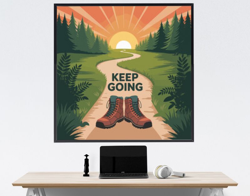 Inspirational motivational poster featuring hiking boots on a winding forest path under a vibrant sunrise promoting perseverance and encouraging quotes to keep going vector