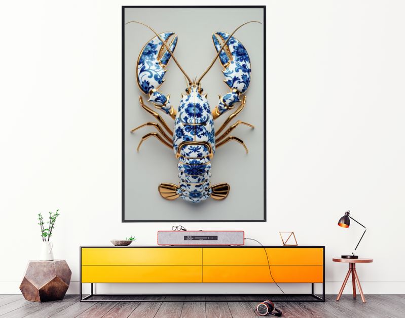 Delfts blauwe kreeft met goud op zacht salie